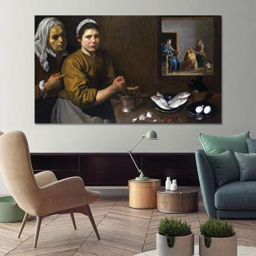 Πίνακας σε καμβά Diego Velázquez - Fixed size image thumbnail Christ in the House of Martha and Mary 52x30 Τελαρωμένος καμβάς σε ξύλο με πάχος 2cm
