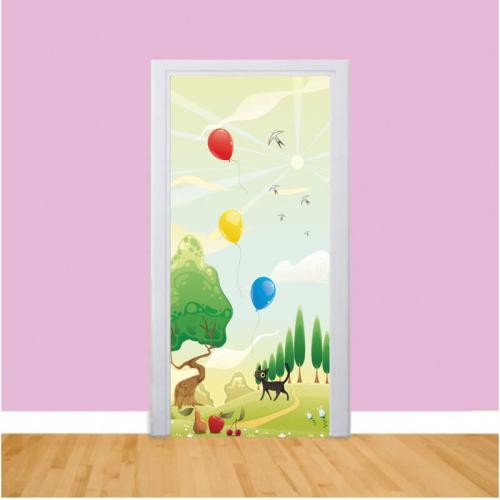 Αυτοκόλλητα πόρτας Τοπίο με μπαλόνια και γατούλα 90x220 Αυτοκόλλητα πόρτας