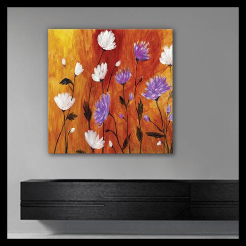 Πίνακας σε καμβά με μωβ λουλούδια 120x120 Τελαρωμένος καμβάς σε ξύλο με πάχος 2cm