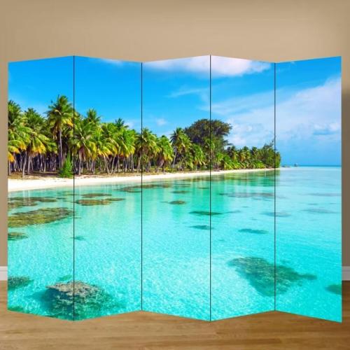 Παραβάν με παραλία με φοίνικες 80x160 Ύφασμα Δύο όψεις