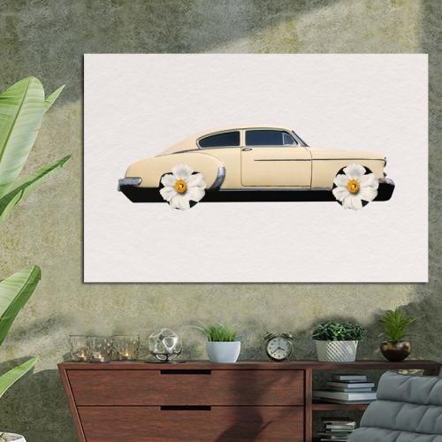 Πίνακας σε καμβά Vintage car with flower weels 135x90 Τελαρωμένος καμβάς σε ξύλο με πάχος 2cm