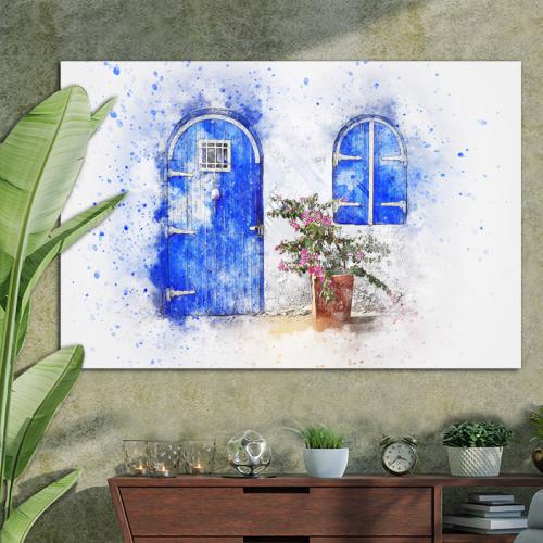 Πίνακας σε καμβά Blue door water colour art 40x60 Τελαρωμένος καμβάς σε ξύλο με πάχος 2cm
