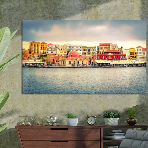 Πίνακας σε καμβά Σπίτια Λιμάνι Χανιών 200x112 Τελαρωμένος καμβάς σε ξύλο με πάχος 2cm