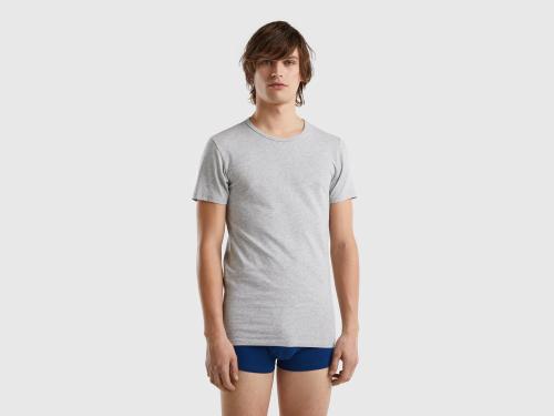 Benetton, T-shirt Από Οργανικό Βαμβακερό Στρετς, size L, Ανοιχτο Γκρι, Ανδρικά