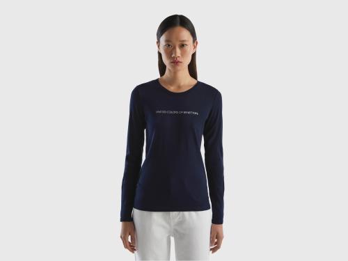 Benetton, T-shirt Μπλε Σκούρο Μακρυμάνικο Από 100% Βαμβακερό, size S, Σκουρο Μπλε, Γυναικεία