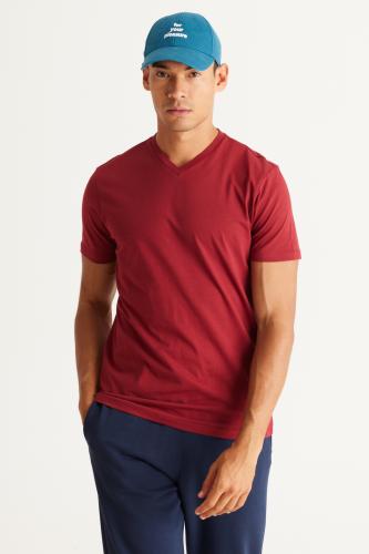 AC&Co / Altınyıldız Classics Ανδρικό Claret Red Slim Fit Narrow Cut 100% Βαμβάκι V-Neck Κοντομάνικο T-Shirt