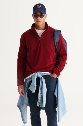 AC&Co / Altınyıldız Classics Men's Claret Red Standard Fit Normal Cut, Zippered Bato Collar, Heat-Protective Fleece Sweatshirt.