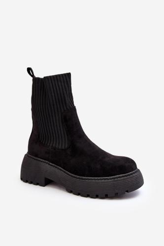 Suede ankle boots with platform sock and flat heel, black Rewam