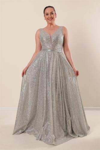 By Saygı Front Back V-Neck Lined Plus Size Mirrored Long Dress Gray