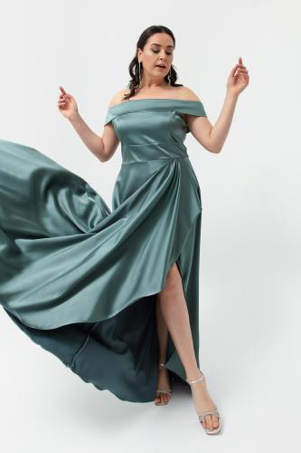 Lafaba Women's Turquoise Boat Collar Plus Size Satin Evening Dress Graduation Dress