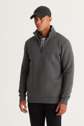 AC&Co / Altınyıldız Classics Men's Anthracite-melange Standard Fit Regular Cut Inner Fleece, Bato Collar Cotton Sweatshirt.