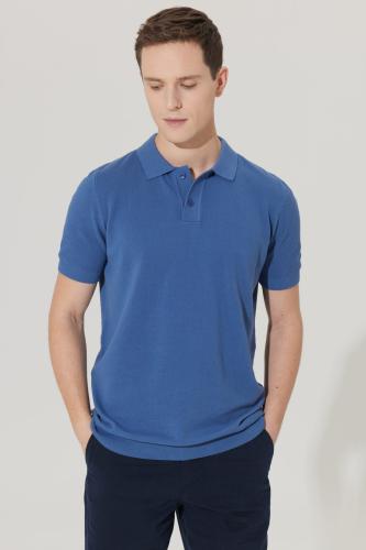AC&Co / Altınyıldız Classics Men's Navy Blue Standard Fit Normal Cut Polo Collar 100% Cotton Patterned Short Sleeve Knitwear T-Shirt.