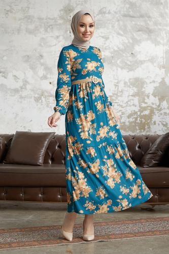 InStyle Elfina Floral Hijab Dress with Straw Belt - Indigo