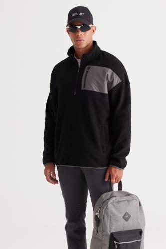 AC&Co / Altınyıldız Classics Men's Black Oversized Wide-Cut Bato Collar Pocket Detailed With Zipper Cold-Proof Fleece Sweatshirt.