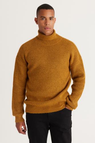 AC&Co / Altınyıldız Classics Men's Mustard Oversize Loose Fit Full Turtleneck Patterned Knitwear Sweater.