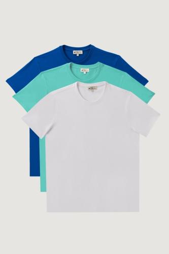 AC&Co / Altınyıldız Classics Men's White-turquoise-sax Slim Fit Slim Fit Crew Neck 3 Pack 100% Cotton T-Shirt.