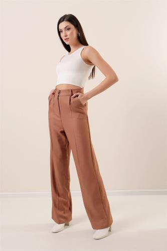 By Saygı Wool-Effective Palazzo Pants with Side Pockets Camel