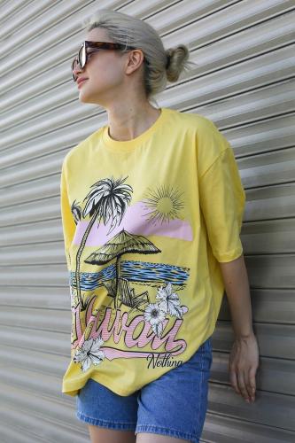 Madmext Yellow Printed Crew Neck Women's T-Shirt