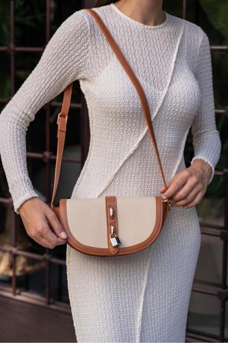 Madamra Beige Women's Contrast Design Crossbody Bag