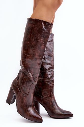 Women's high-heeled boots, insulated, snake pattern, brown Delul