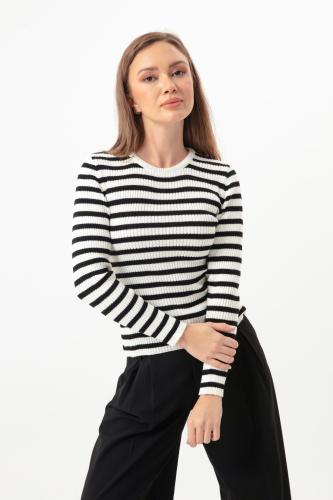 Lafaba Women's White Striped Ribbed Lycra Knitwear Sweater