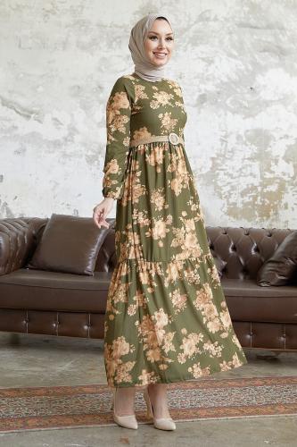 InStyle Elfina Floral Hijab Dress with Straw Belt - Khaki