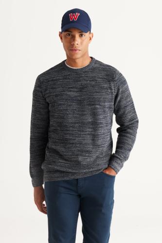 AC&Co / Altınyıldız Classics Men's Navy Blue-Grey Recycle Standard Fit Regular Cut Crew Neck Patterned Knitwear Sweater.