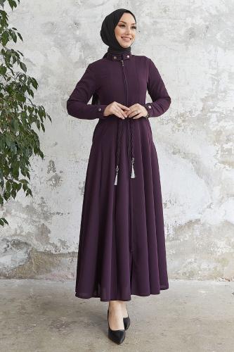 InStyle Plunge Collar with Buttons Sash, Knitted Abaya - Plum