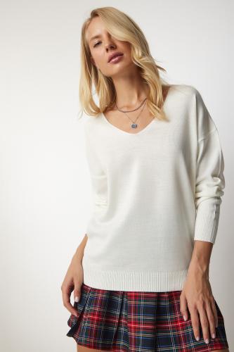 Happiness İstanbul Women's Bone V-Neck Thin Knitwear Sweater