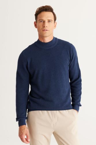 AC&Co / Altınyıldız Classics Men's Indigo Recycle Standard Fit Regular Cut Half Turtleneck Cotton Jacquard Knitwear Sweater.