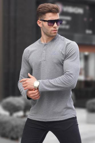 Madmext Gray Waffle Fabric Basic Sweater 6007