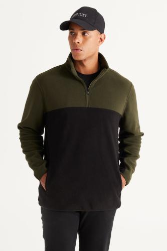 AC&Co / Altınyıldız Classics Men's Khaki-black Anti-pilling Anti-Pilling Standard Fit Bato Collar Polar Fleece Sweatshirt.