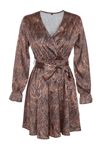 Trendyol Animal Patterned Knitted Dress With Brown Belt, Double Breasted