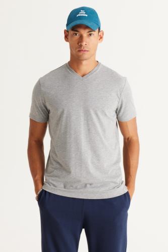 AC&Co / Altınyıldız Classics Men's Dark Gray Melange Cotton Slim Fit Slim Fit V-neck Short Sleeved T-Shirt.