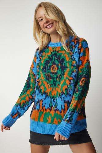 Happiness İstanbul Women's Sky Blue Black Patterned Knitwear Sweater