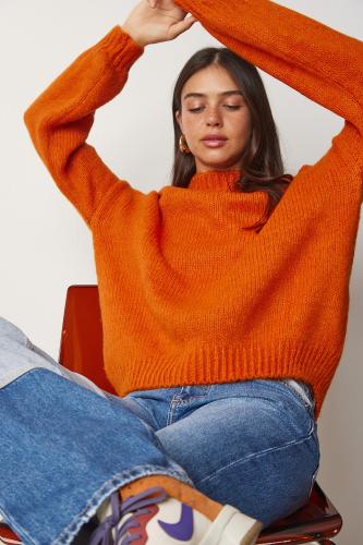 Happiness İstanbul Women's Orange Stand-Up Collar Basic Knitwear Sweater