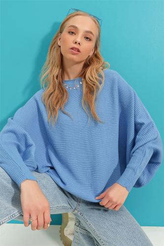 Trend Alaçatı Stili Women's Blue Boat Collar Wound Sleeves Knitwear Sweater