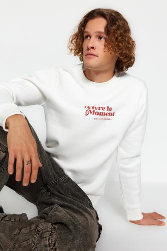 Trendyol Ecru Men's Regular/Regular Cut Crew Neck Long Sleeved Fluffy Text Printed Sweatshirt.
