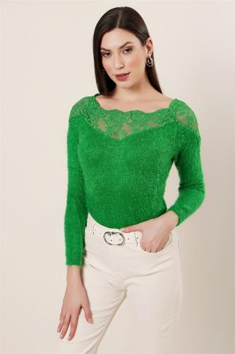 By Saygı Boat Neck Lace Detailed Soft Sweater Green