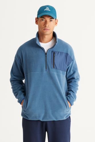 AC&Co / Altınyıldız Classics Men's Indigo Oversize Wide-Cut Bato Collar Pocket Detailed, Zippered Warm-Keeping Fleece Sweatshirt.