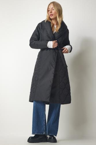 Happiness İstanbul Women's Black Belted Shawl Collar Quilted Coat