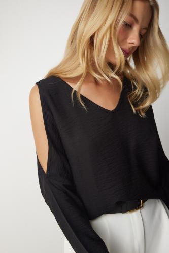 Happiness İstanbul Women's Black Off-the-Shoulder Release-Length Flowy Aerobatic Blouse