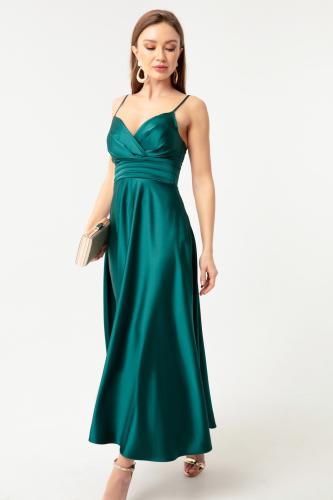 Lafaba Women's Emerald Green Satin Midi Evening Dress &; Prom Dress with Rope Straps and Waist Belt.