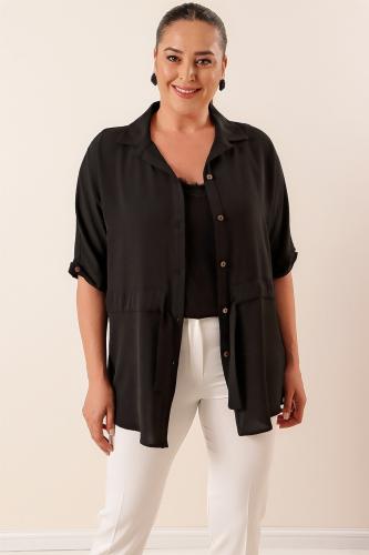 By Saygı Belted Waist With Buttons In The Front Plus Size Ayrobin Tunic Shirt Black