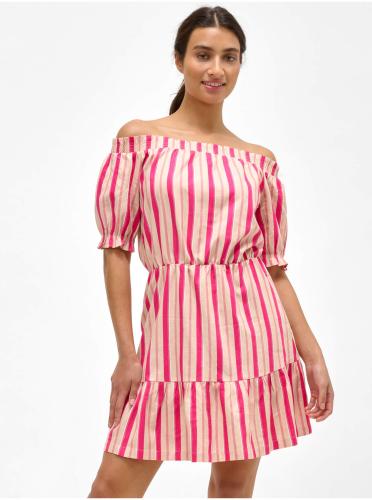 Ροζ ριγέ λινό φόρεμα με εκτεθειμένους ώμους ORSAY - Γυναικεία