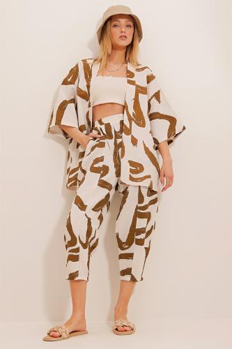 Trend Alaçatı Stili Women's Tobacco Patterned Baggy Pants And Kimono Set