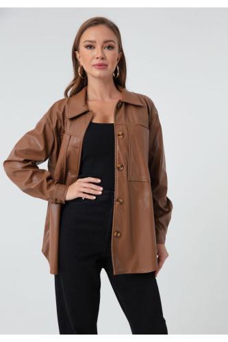 Lafaba Women's Brown Faux Leather Shirt