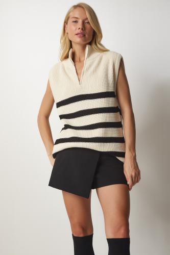 Happiness İstanbul Women's Cream Black Striped Sweater with Zipper Collar
