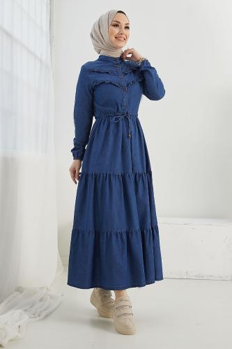 InStyle Felen Frill Detailed Denim Dress - Dark Blue