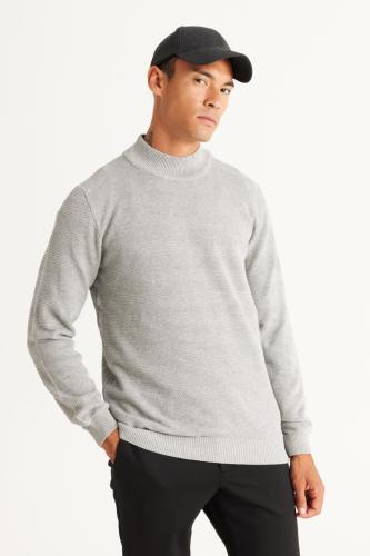 AC&Co / Altınyıldız Classics Men's Gray Melange Recycle Standard Fit Regular Cut Half Turtleneck Cotton Jacquard Knitwear Sweater.